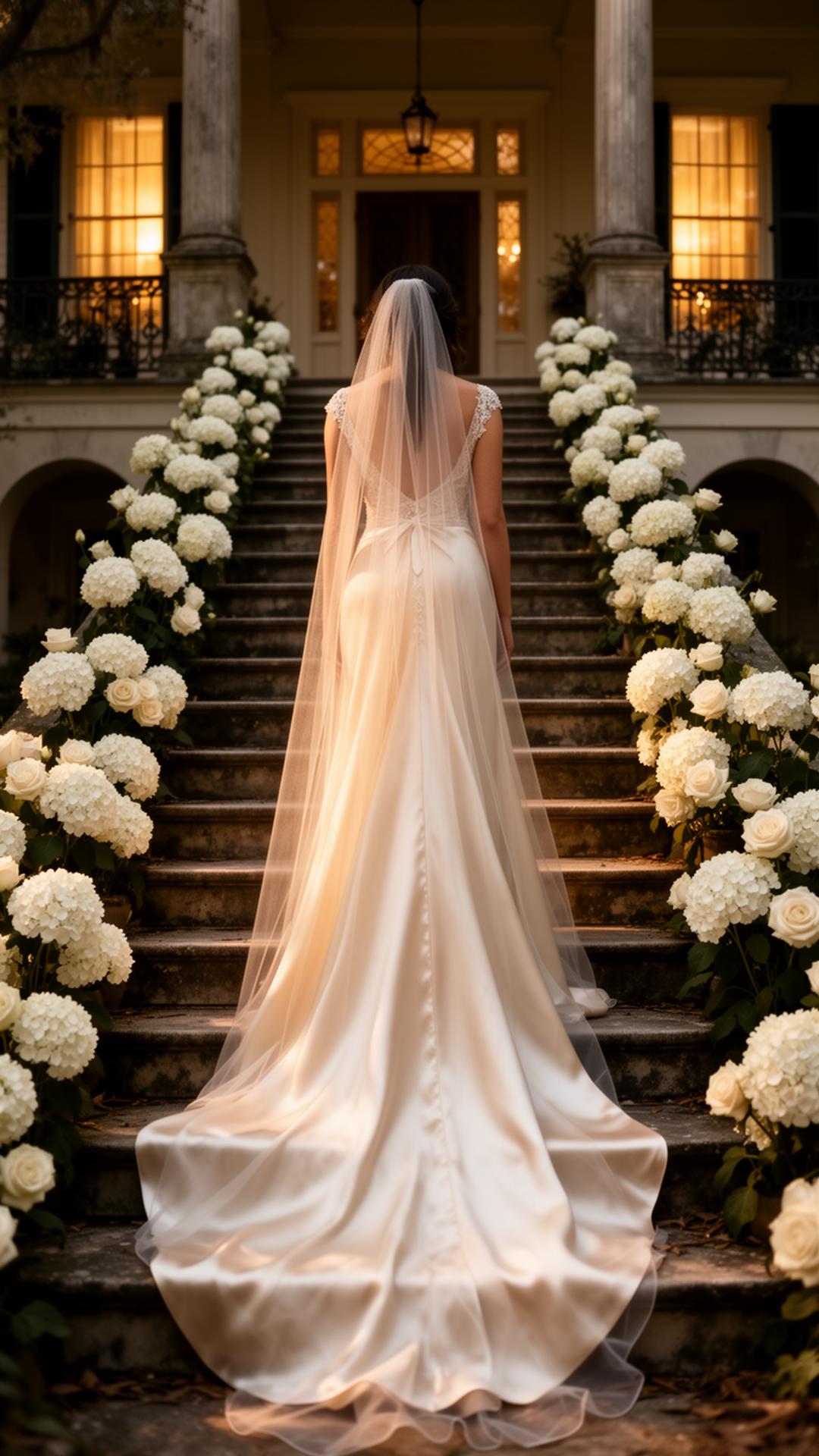Bride in flowing ivory gown on a grand staircase framed by white hydrangeas